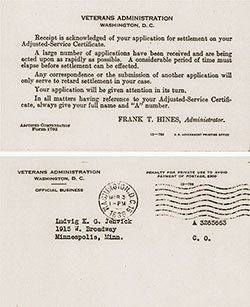 Receipt for Application for Settlement - Adjusted Service Certificate