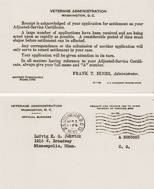 Receipt for Application for Settlement - Adjusted Service Certificate for Ludvig K. Gjenvick. Transmittal from the Veterans Administration, Washington, DC, 3 March 1936.