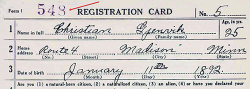 Top Portion of a World War 1 Draft Registration Card Showing the Red Ink Serial Number.