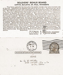 GGA Image ID # 18710914c0 Postcard Notification of Receipt for Bonus Application by the Minnesota Soldiers' Board Postmarked 25 March 1920.