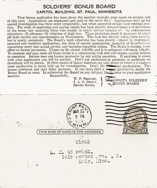 Postcard Notification of Receipt for Bonus Application by the Minnesota Soldiers' Board Postmarked 25 March 1920.