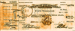 GGA Image ID # 1870eaa961 Front of Voucher for $300 Issued to Ludwig K. Gjenvick in Recognition of His Service During World War I by the State of Minnesota’s Auditor’s Office and the Soldiers’ Bonus Board on 1 November 1920.