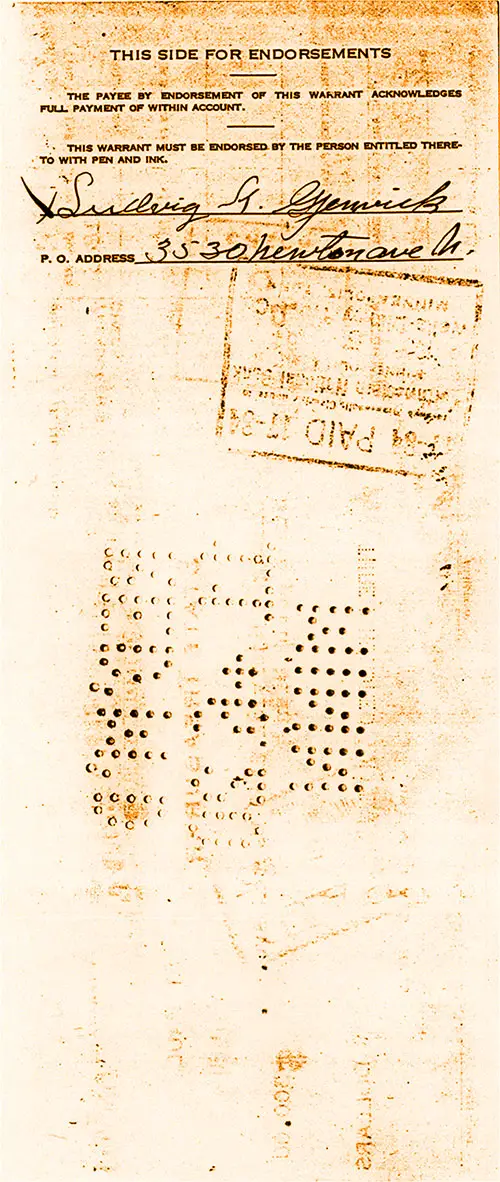 Back Side of Endorsed and Cashed Voucher for $300 Issued to Ludwig K. Gjenvick, 1 November 1920. Gjenvick-Gjønvik Family Archives.