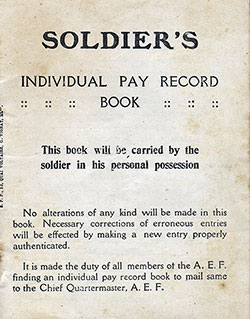 Front Cover, Soldier's Individual Pay Record Book of Sgt1c Harry B. Coulter of the Allied Expeditionary Forces, 1918.