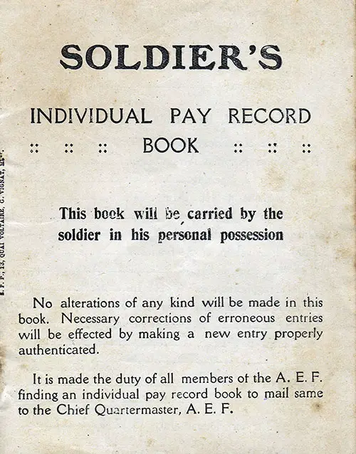 Front Cover, Soldier's Individual Pay Record Book of Sgt1c Harry B. Coulter of the Allied Expeditionary Forces, 1918.