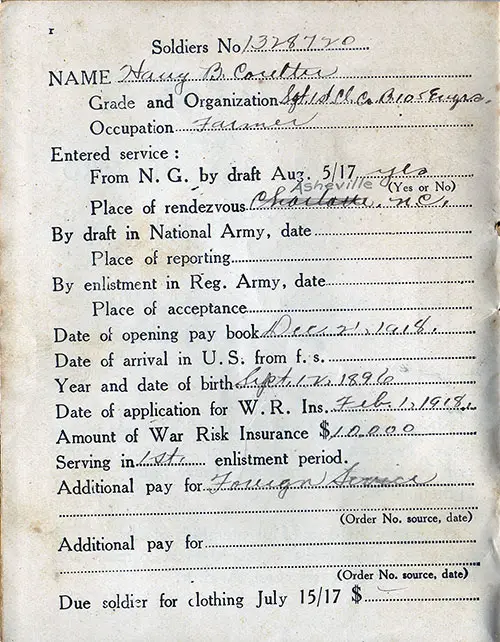 Paybook Information for Harry B. Coulter, Sgt. 1C, Co. B. 105 Engineers, SN 1328720.