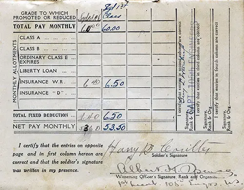 Sgt. 1st Class Net Monthly Pay $60.00 Less War Risk Insurance Deduction of $6.50 Provided Harry B. Coulter a Net Pay Monthly of $53.50.