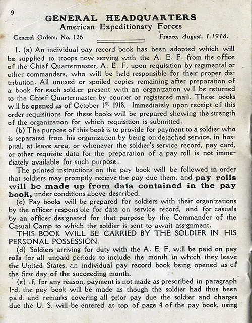 Page 9 of General Orders No. 126 from General Headquarters, American Expeditionary Forces, France 1 August 1918. Provides Instructions for using the Pay Record Book for Section 1 a-e.