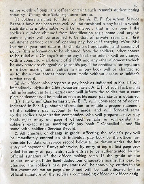 Page 10 of General Orders No. 126 from General Headquarters, American Expeditionary Forces, France 1 August 1918. Provides Instructions for using the Pay Record Book for Section 1 e to Section 2.