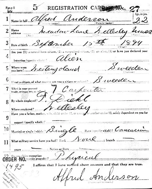 Front Side, World War 1 Draft Registration Card for Alfred Anderson (Person) filed 5 June 1917.