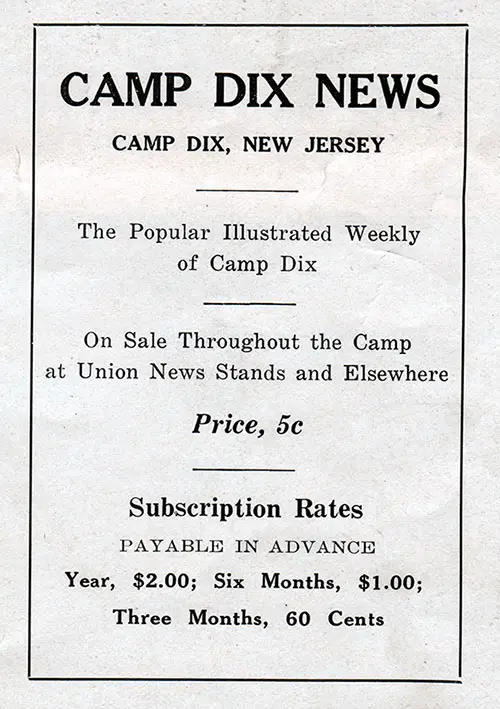 Ad for the Camp Dix News - Subscribe for $2.00 per Year