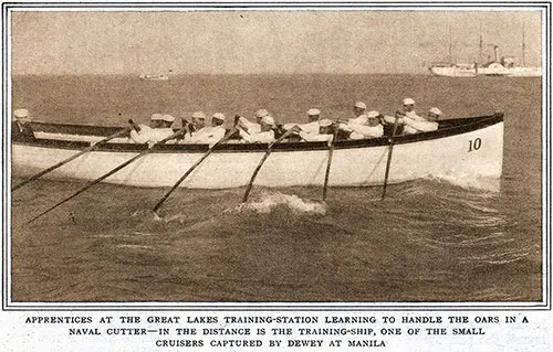 Apprentices at the Great Lakes Training-Station Learning to Handle the Oars in a Naval Cutter