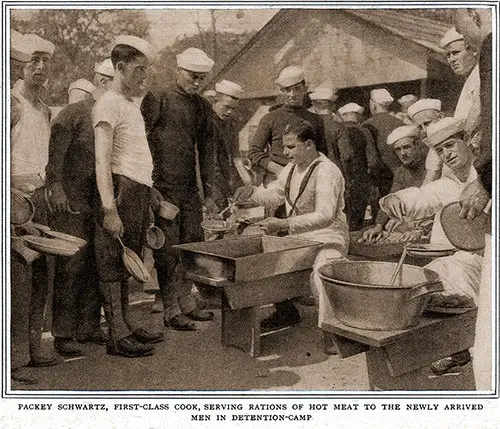 Packey Schwartz, First-Class Cook, Serving Rations of Hot Meat to the Newly Arrived Men in Detention-Camp.