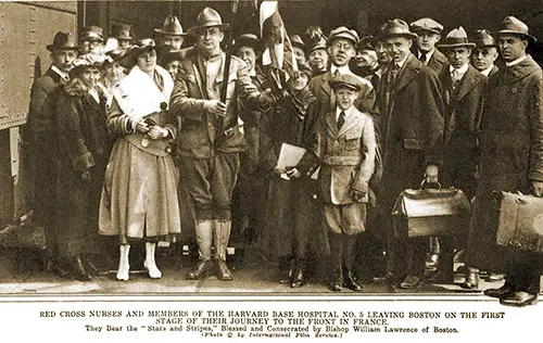 Red Cross Nurses and Members of the Harvard Base Hospital No. 5 Leaving Boston on the First Stage of Their Journey to the Front in France.