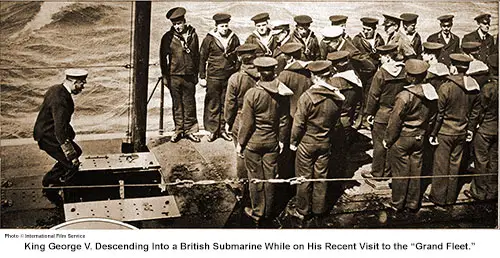 King George V. Descending into a British Submarine While on His Recent Visit to the "Grand Fleet."