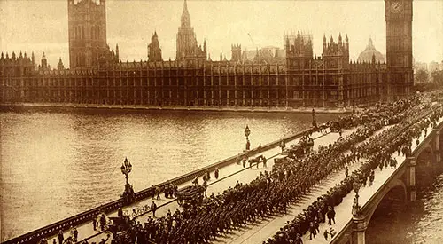 American Soldiers Crossing Westminster Bridge. British Parliament Buildings in the Background.