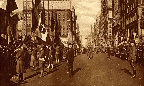 A Feature of the Exultant Demonstrations in New York over the Armistice's Signing was the Ceremony of Saluting the Victorious Flags of the Allies at the Public Library.