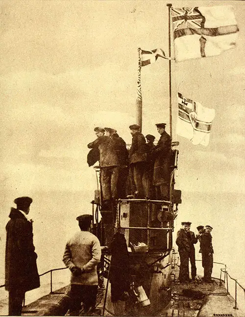 Close-up View of German U-boat 48 Going to Harwich, with the English Flag Floating above That of the German Empire.