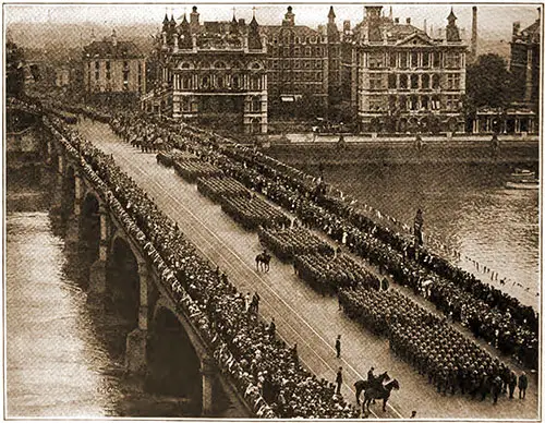 The American Division crossing Westminster Bridge, London.
