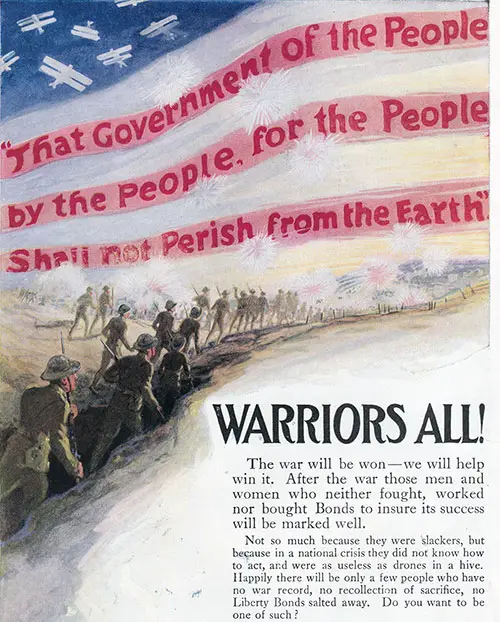 WARRIORS ALL! Advertisement for Libery Bonds, World War 1, The American Review of Reviews, July 1918.