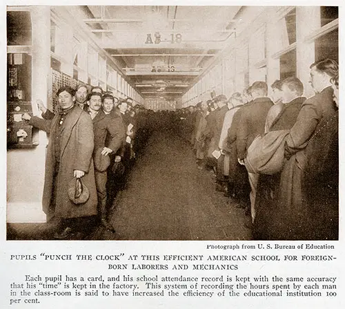 Pupils "Punch the Clock" at This Efficient American School for Foreign-Born Laborers and Mechanics.