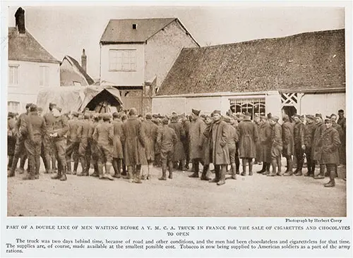 Part of a Double Line of Men Waiting Before a YMCA Truck in France for the Sale of Cigarettes and Chocolates to Open.
