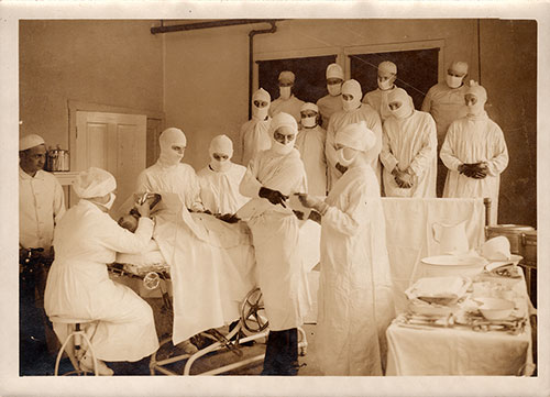 Operating Room at the Base Hospital Surgical Ward at Camp Pike Showing an Operation in Progress.