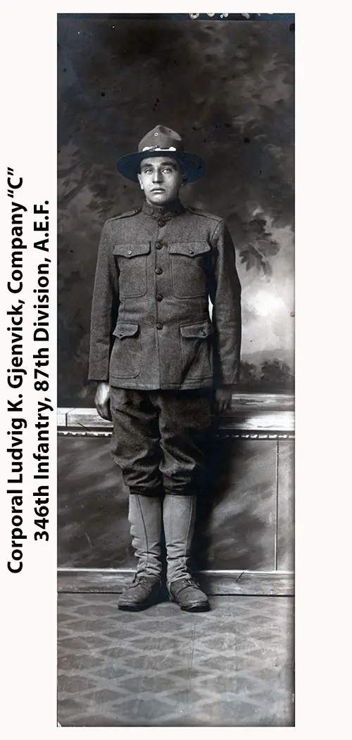 Full-Length Photograph of Corporal Ludvig Gjenvick of the 346th Infantry, 87th Division, c1918.