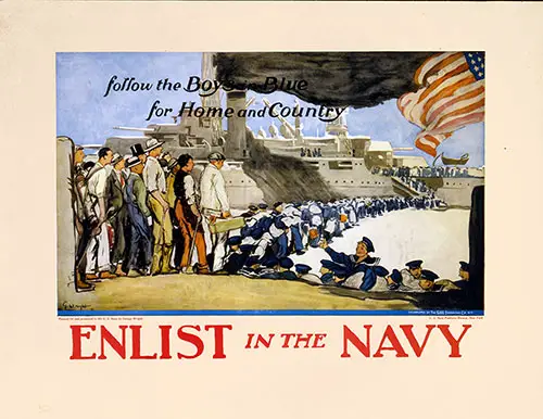 Follow the Boys in the Blue for Home and Country. Enlist in the Navy. World War 1 Poster circa 1916.