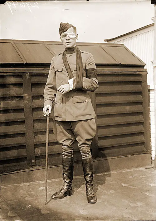 Floyd P. Gibbons, War Correspondent for the Chicago Tribune, Shown Standing After Being Wounded. Photograph by Harris & Ewing, 1918.