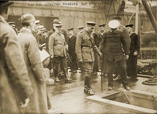 American Sailors Saluting King George V of Great Britain during His Visit to Their Troop Transport Ship the USS Finland, Docked at Liverpool, England. Photograph by Bain News Service, 1917.