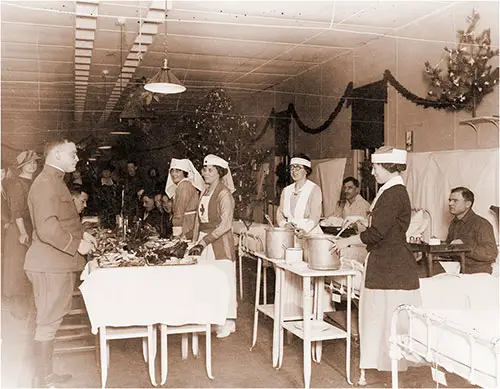 Red Cross Nurses Serving Food To Soldiers in Hospital, During Christmas Season, c1918.