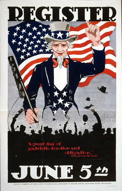Register June 5th, 1917. Poster Showing Uncle Sam Brandishing a Quill Pen before a Cheering Crowd.