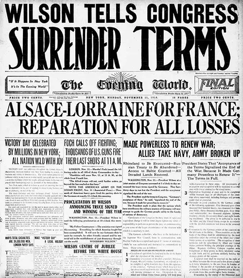 Front Page, The Evening World Newspaper, Final Edition, New York, Monday, 11 November 1918.