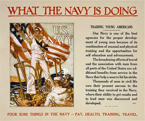 What the Navy Is Doing - Training Young Americans Four Sure Things in the Navy - Pay, Health, Training, Travel.