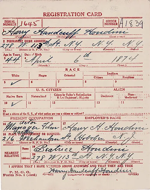 World War 1 Draft Registration Card for Harry Handcuff Houdini