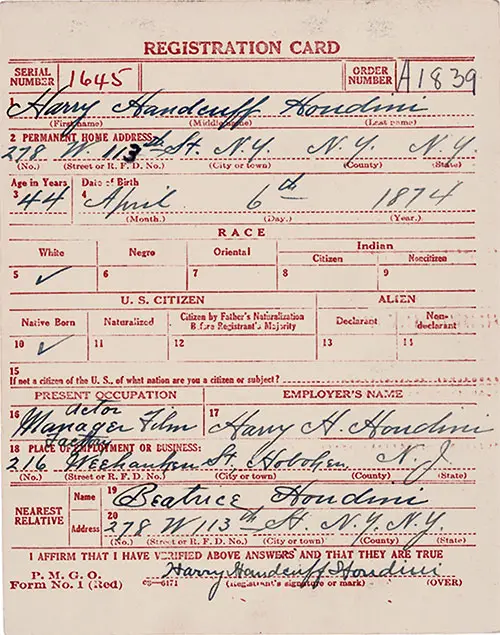 World War 1 Draft Registration Card for Harry Handcuff Houdini, 1918.