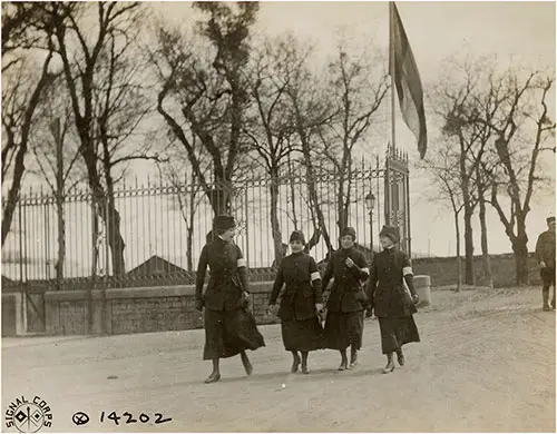 The Girls are Entering the Grounds at the Telephone Exchange at General Headquarters at Chaumont, France, 16 April 1918.