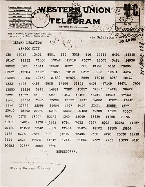 German Foreign Minister Arthur Zimmermann Sent This Encoded Message to the President of Mexico on January 16, 1917