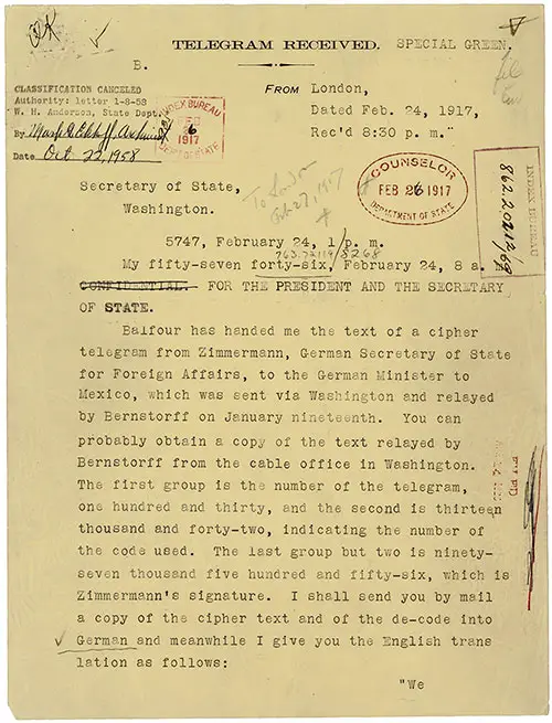 First Page of the Telegram from U.S. Ambassador Walter Page to President Woodrow Wilson Conveying a Translation of the Intercepted Zimmermann Telegram from Germany to Mexico