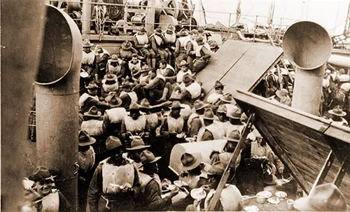 Soldiers of the 505th Service Battalion, [African-American] Unit, On the Deck of the Transport Ship USS President Lincoln, ca 1917.