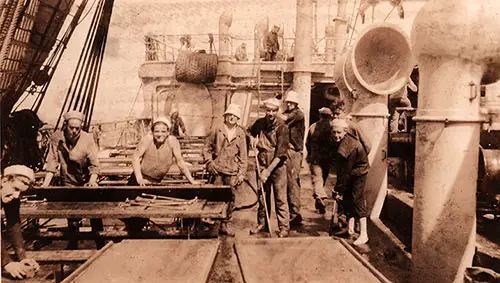 Holy Stoning Mess Tables on the SS Princess Matoika Deck ca. 1919.