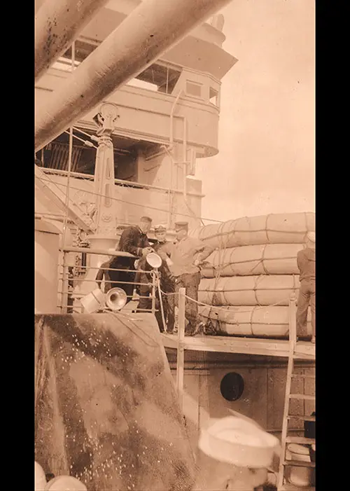 Lt. Gardner, Chief Engineer Oliver, and Dr. Levy on SS Princess Matoika ca. 1919.