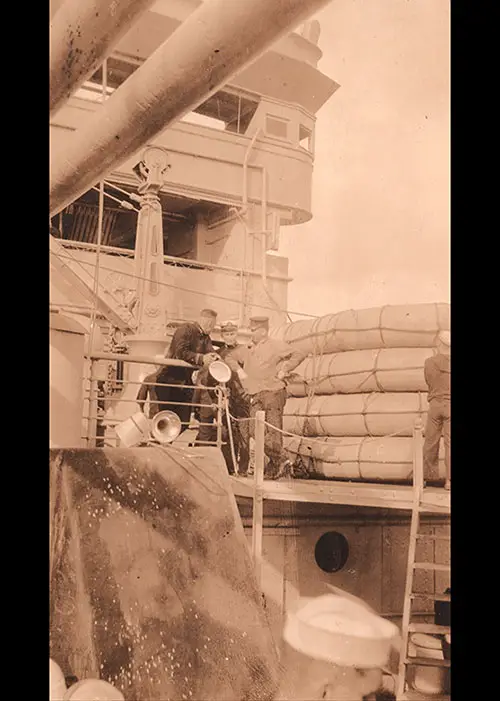 Conference Taking Place Between Lt. Gardner, Chief Engineer, Oliver, and Dr. Levy of the Transport Ship USS Princess Matoika. Ud, Circa 1919.