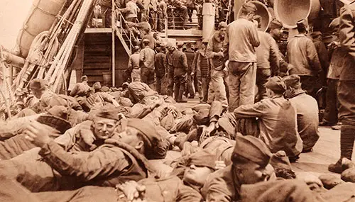 Soldiers Taking a Sunbath on the Deck of the SS Princess Matoika on a Homeward Bound Voyage, 1918.