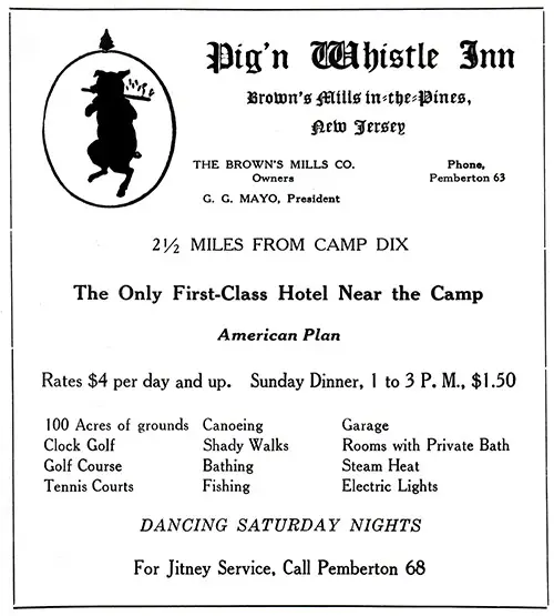 Adv - Pig'n Whistle Inn: The Only First-Class Hotel Near Camp Dix.
