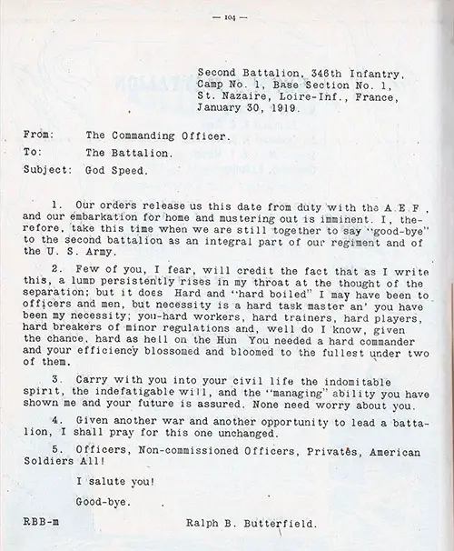 Letter dated 30 January 1919 from Major Ralph B. Butterfield, Commanding Officer to the Second Battalion, 346th Infantry, 87th Division of the AEF.