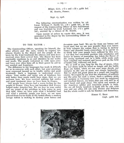 Communication dated 17 September 1918, Written by 1st. Lieut. William P. Smith Co. “H” 346th Inf. to the Mayor of St. Seurin, France