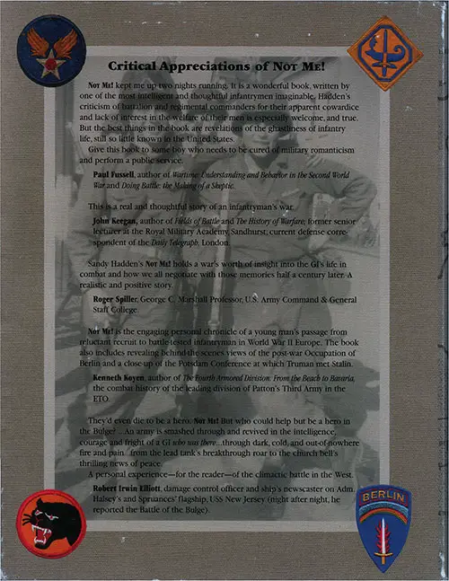 Back Cover, Not Me! The World War II Memoir of a Reluctant Rifleman by Alexander H. Hadden, 1999.