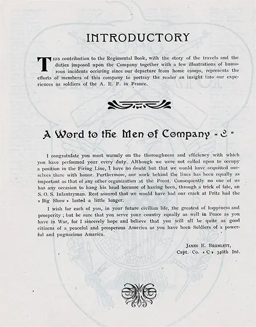 Introduction and a Word to the Men of Company "C" by Captain James E. Bramlett.
